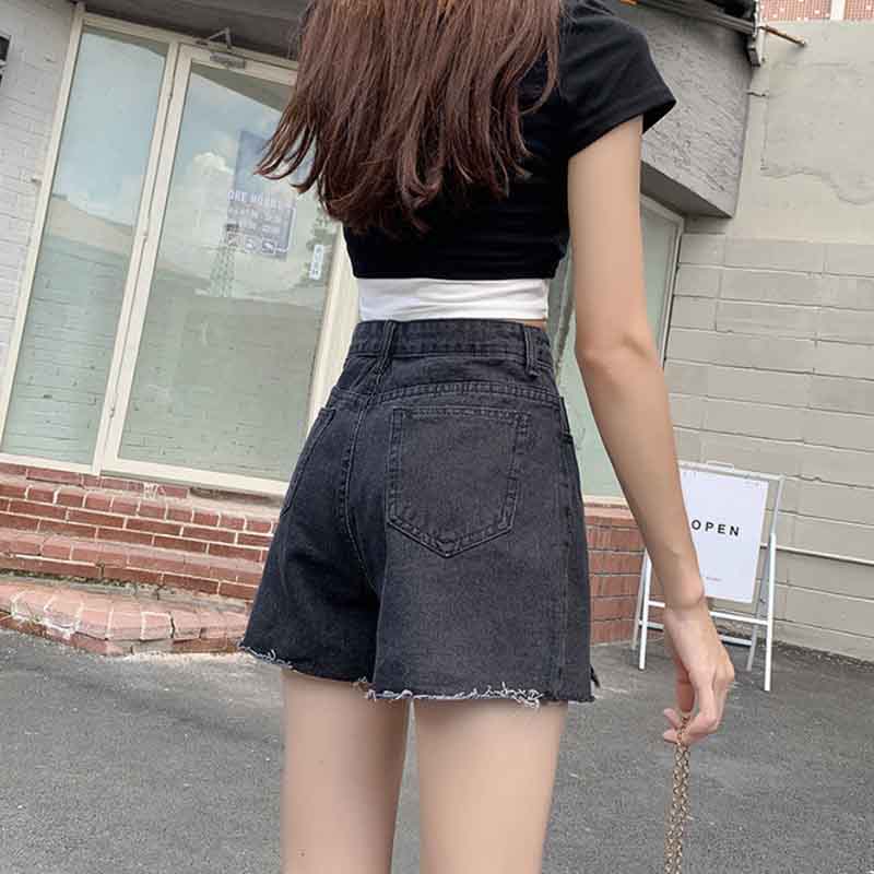 Denim Shorts Women's High Waist Summer Korean Style Loose and Thin A-line Ripped Pants