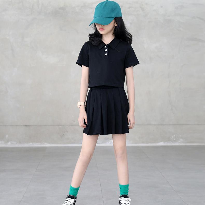 Girls' Suit Summer Thin T-shirt Short Skirt High Waist Two Piece Set Korean Style Loose Uniform Style Pleated Skirt