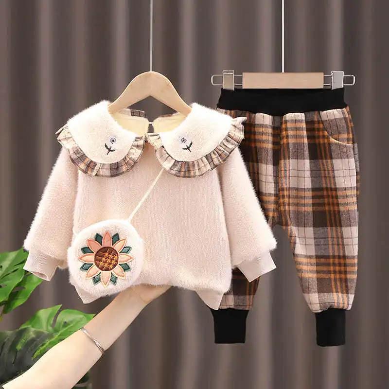 Girls Suits Warm Children's Clothes Girls Autumn and Winter Comfortable Casual Children's Clothing Plaid Pants Lapel Doll Clothes Two-piece Set