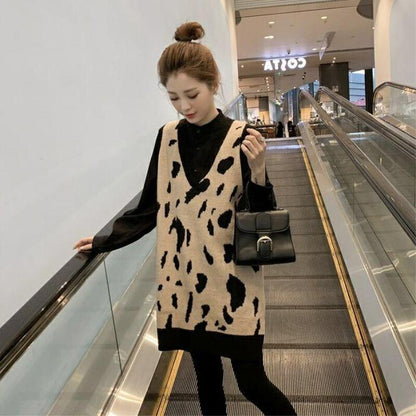 Inner Sleeveless Leopard Sweater Women Loose Knit Mid-length Vest V-neck Casual Soft Waistcoat