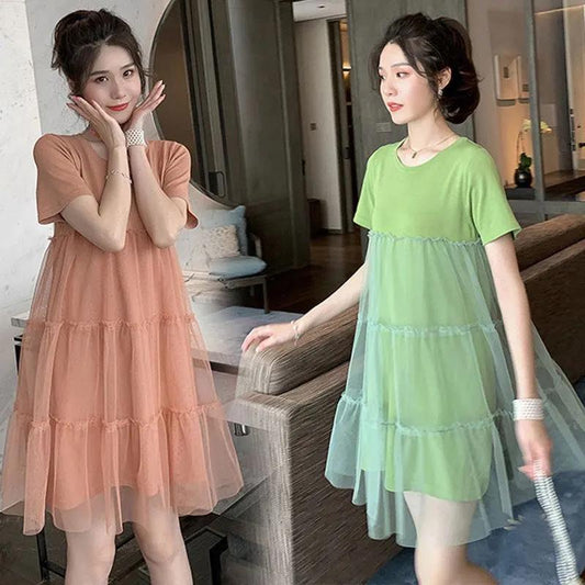 Loose and Thin Short-sleeved Blouse Mid-length Dress Sweet and Cute Casual Lady's Loose Dress Loose Large Size Thin Belly