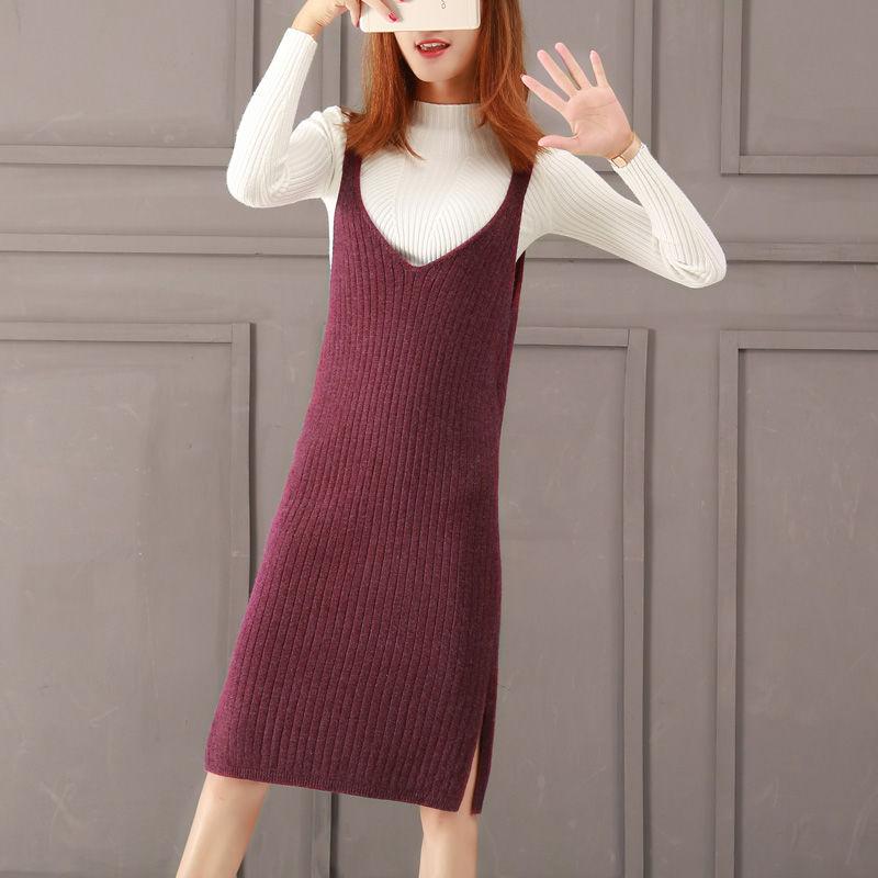 Autumn and Winter Knitted Bottoming Skirt Solid Color Mid-length Simple Suspender Skirt Fashion Slim Female Sweater Dress