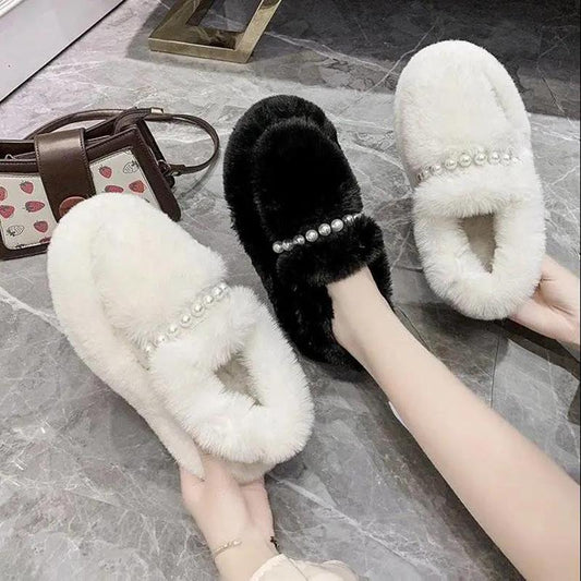 Hairy Pearl Casual Flat Shoes Shoes Women's Outer Wear Warm Soft Cotton Shoes Casual Peas Shoes Plus Velvet Platform Moccasin Shoes