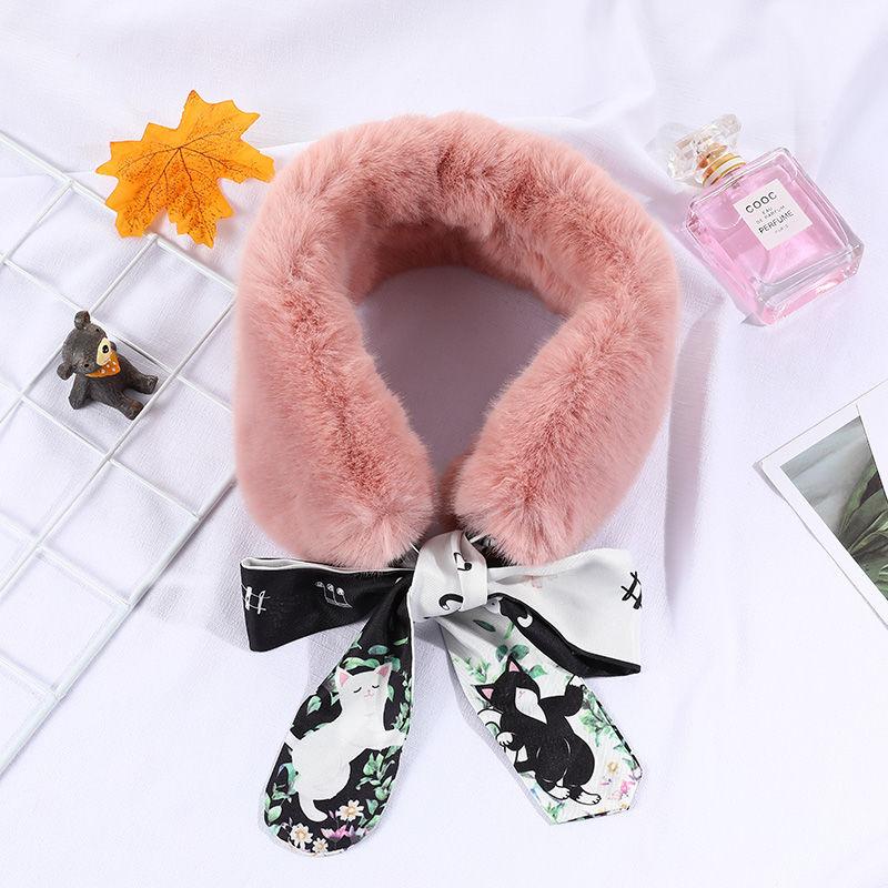 Winter Thick Imitation Rabbit Fur Scarf Printed Silk Ribbon Scarf Korean Version of Wild Warm Women's Collar