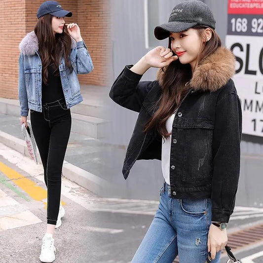 Thickened Denim Jacket Women's Short Fall Winter 2021 New Korean Version of The Bf Small Man Plus Velvet Warm Cotton Coat