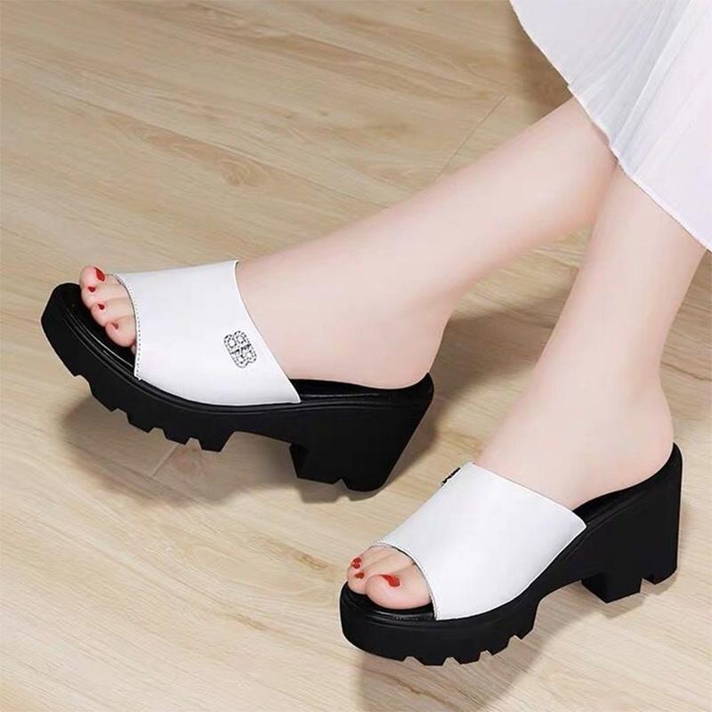 Thick-heeled Slippers Women's Summer Thick-soled Outer Wear Mid-heel All-match Fish Mouth Sandals High-heel Sandals and Slippers Lightweight