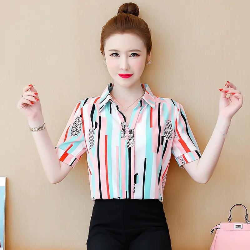 Striped Shirt Women Short-sleeved Stand-up Collar Striped Summer Women's Chiffon Shirt Loose and Thin Plaid Shirt Small Shirt Tops Workwear