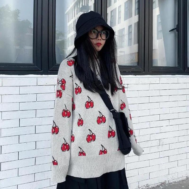 Autumn and Winter Round Neck Cherry Pattern Sweater Casual Loose Long-sleeved Shirt Jacquard Knitted Women's Bottoming Shirt