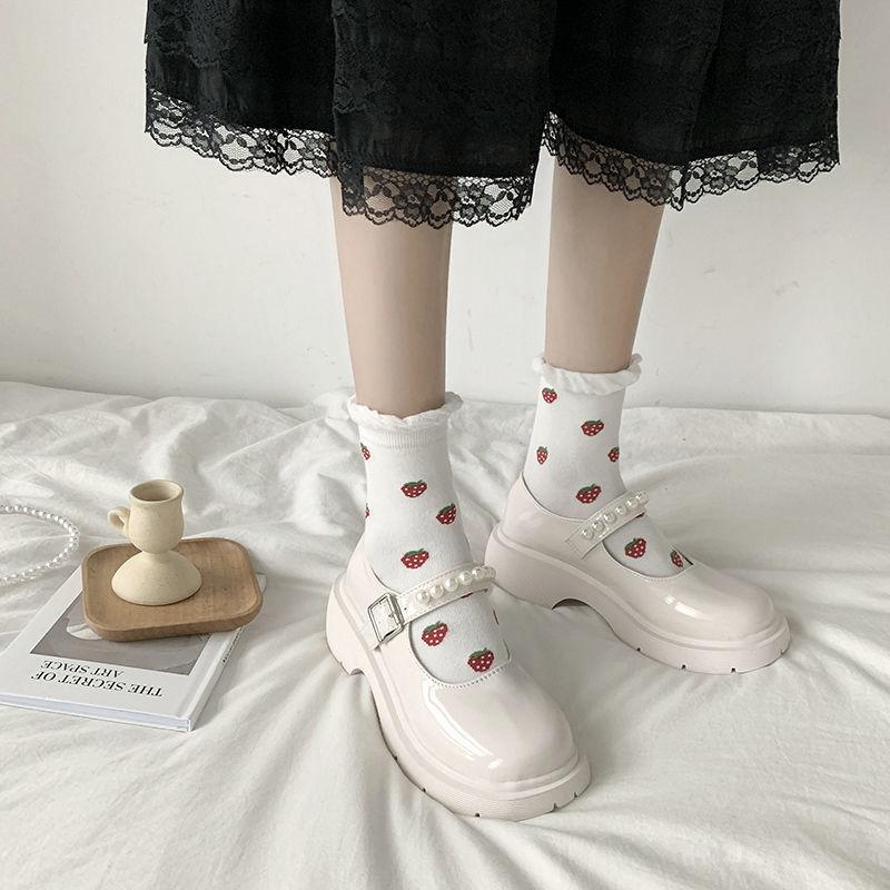 French Retro British Style Leather Shoes Pearl Word with Thick Sole Mary Jane Single Shoes Men Retro Lolita Leather Shoes Cute Women's Shoes