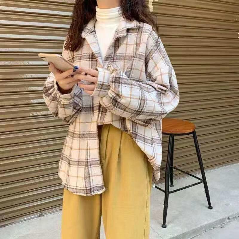 Women Large Size Blouses Turn-down Collar Spring and Autumn Plaid Shirts Batwing-sleeve Loose Outwear 4 Colors Chic Shirts