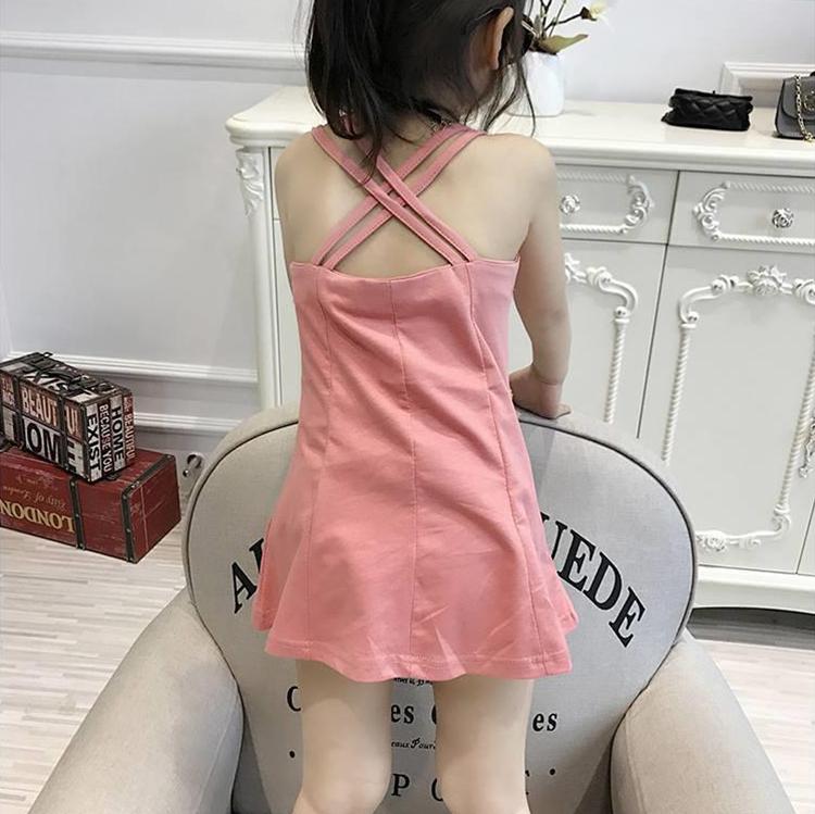 Children Dress Girls Summer Thin Waistcoat Dress with Back Cross Solid Color Sleeveless V-neck Ruffle A-line Dress