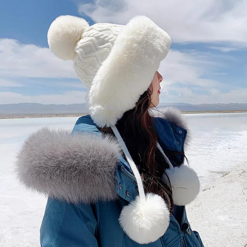 Winter Imitation Rabbit Fur Hat Women's Knitted Plush Wool Beanie Sweet and Cute Ear Protection Warm Hat