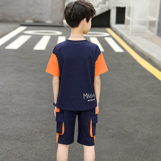 Boys summer suit breathable sweat-absorbing short-sleeved sports contrasting color design cool two-piece suit