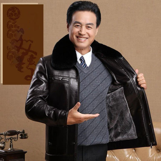 Winter Clothing Plus Cotton Middle-aged and Elderly Men's Middle-aged Warm Leather Jacket Leather Jacket Plus Velvet Thickening Parka Coat