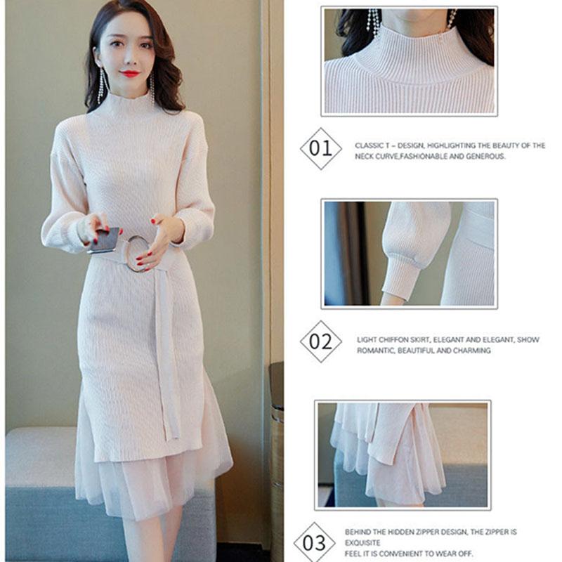 Autumn Winter Women's Long Sweater Dress Calf Length Slim Outer Wear Knit Dress with Belt