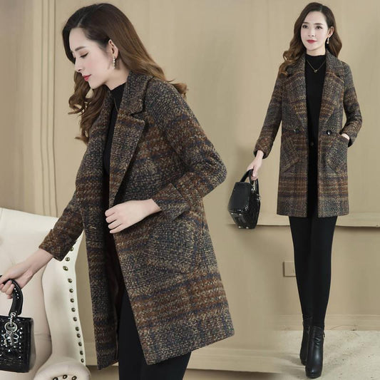 Women Wool Coat Plaid Women Loose Long Woolen Coats Winter Coat Woolen Overcoat Wool Jackets Trench