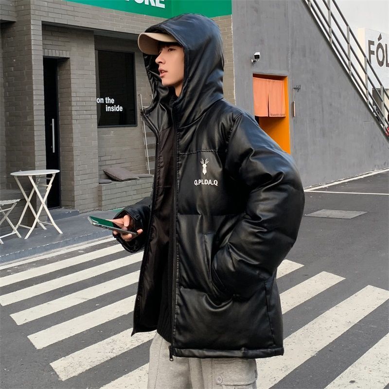 Men's Cotton-padded Jacket Winter Hong Kong Style Trend Loose Hooded Jacket Windproof PU Embroidered Winter Leather Padded Jacket