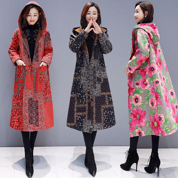 Coat Women Winter Warm Cotton and Linen Ethnic Button Pocket Long Coat Outwear