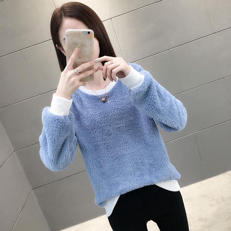 women's Winter Crew neck  yellow sweater warm long sleeve female velvet bottoming  loose Pullovers