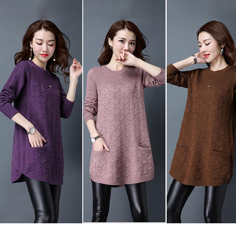 Mid-length Sweater Women Low Round Neck Spring and Autumn Korean Version of The Large Size Pullover Loose Knit Bottoming Shirt Sweater Skirt