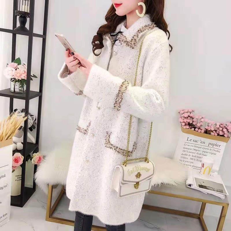 Autumn and Winter Models of Mink Fleece Knitted Jacket Mid-length Navy Collar Coat Coat Trendy Jacket Women