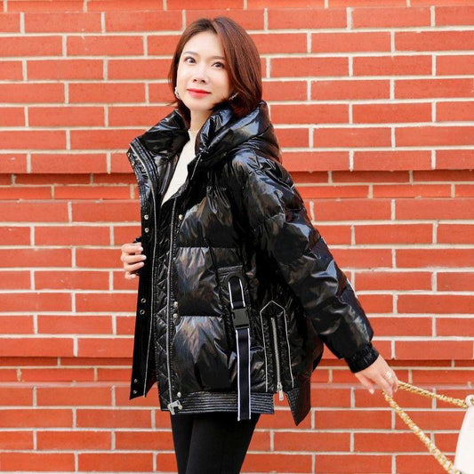 Women's Winter Korean Loose Quilted Coat Warm Stand-collar Down Jacket Women's Glossy Mid-length Down Jacket