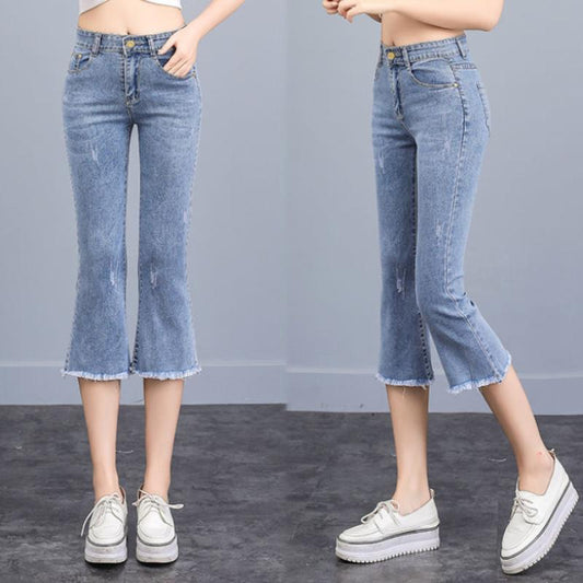 Cropped Jeans Women's Flared Pants Summer Thin Section High-waist Stretch Hole Was Thin Loose Wide-leg Pants In Summer