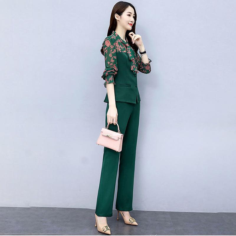 Professional Suit Temperament Was Thin Wide-leg Pants Two-piece Long-sleeved Waist Chiffon Shirt Loose Suit Pants Ladies Temperament Suit