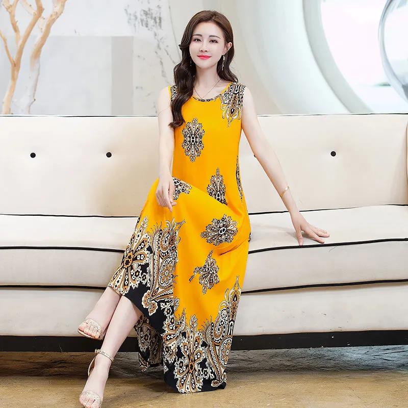 2021 Women Dresses Summer Scoop Neck Floral Print Boho Beach Dress Sleeveless A Line Sundress Robe