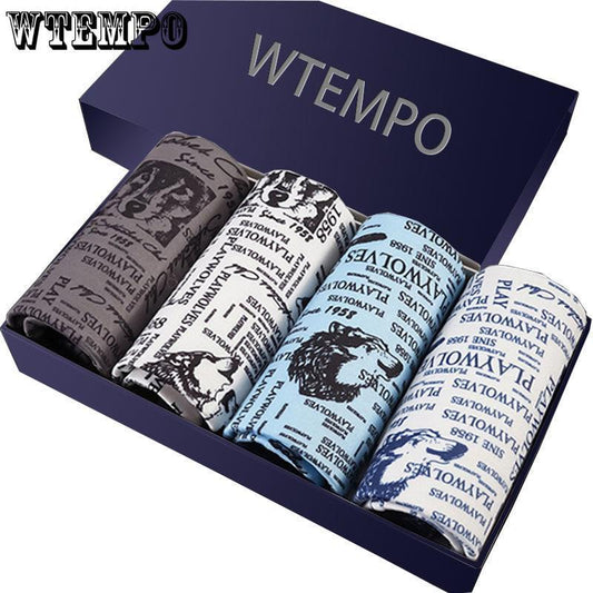 Wtempo 4pcs Boxer Mens Underwear Short Print Breathable Shorts Boxers Sexy Underpants