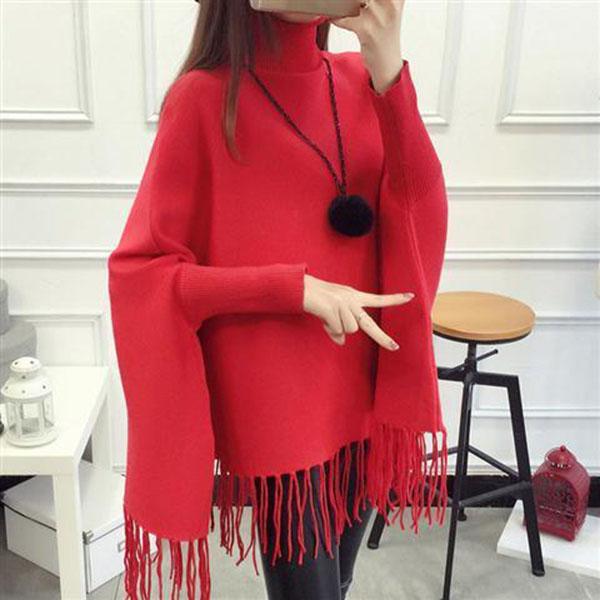 Autumn and Winter High Neck Tassel Sweater Pullover Mid-length Loose Top Knitted Casual Women's Bat Shirt