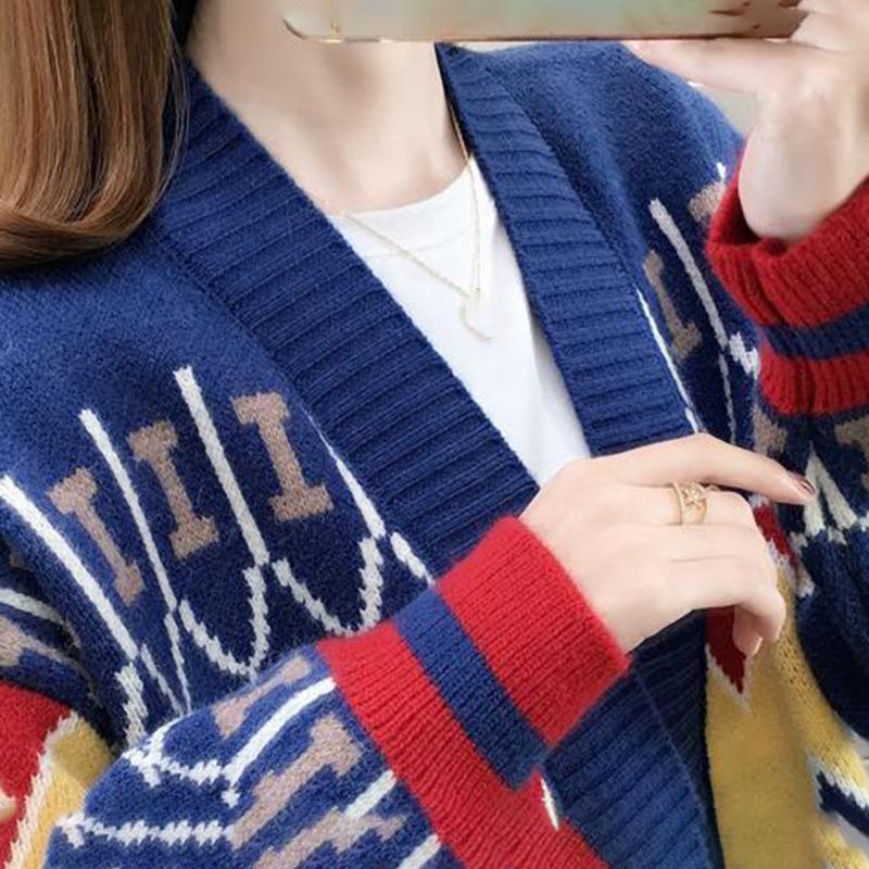 Lazy Jacquard V-neck Long Sleeve Warm Loose Sweater Cardigan Women's Knitted Loose Sweater Jacket Wild Knit Cardigan