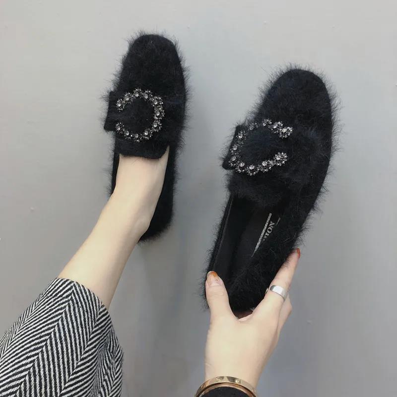 Peas Shoes Women Wild Furry Overshoes Women Casual Flat Single Shoes Furry Shoes Ladies Temperament Moccasin Shoes