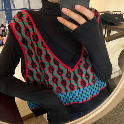 Vintage Casual Sleeveless V-Neck Knitted Sweaters Vest Female Loose Sweater Harajuku Pullover