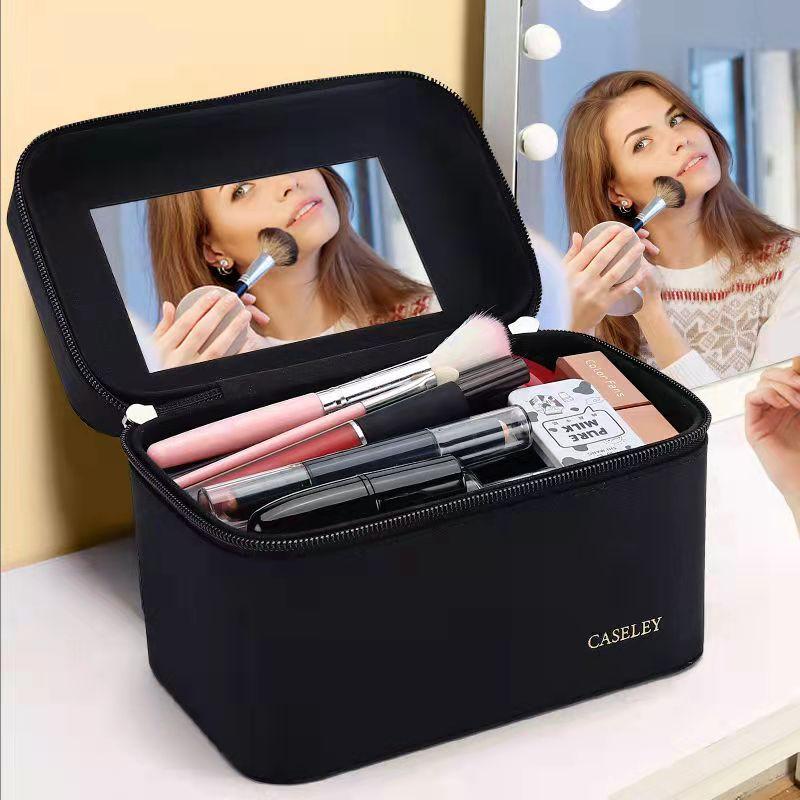 Large Capacity with Mirror Cosmetic Case Portable Makeup Case Travel Portable Cosmetic Storage Case Makeup Bag Organizer Pink Toiletry Bag