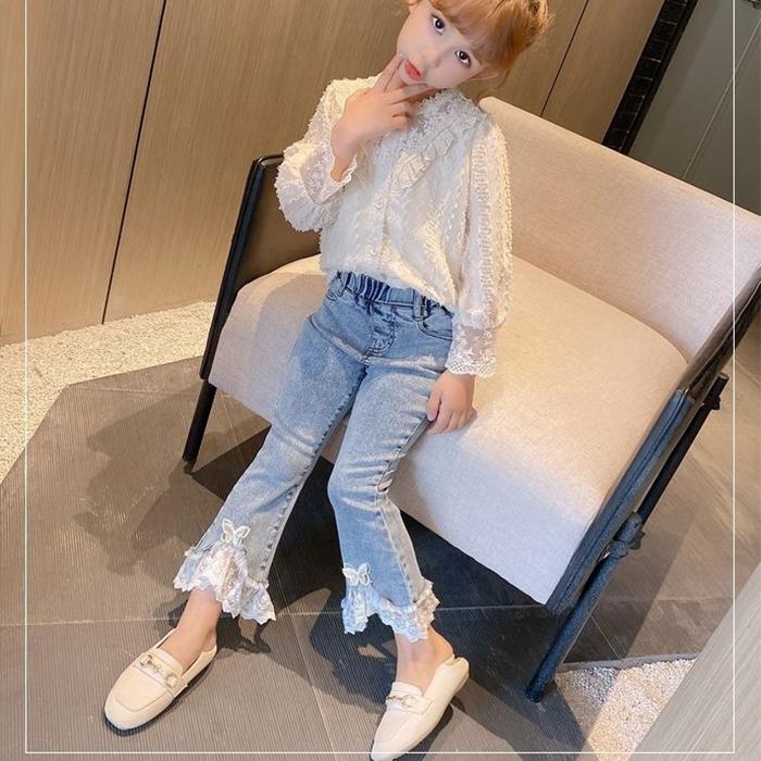 Children's Pants Summer Girls Casual Trousers Flared Pants Slim-fit Jeans Lace Pearl Bow Dot Pants