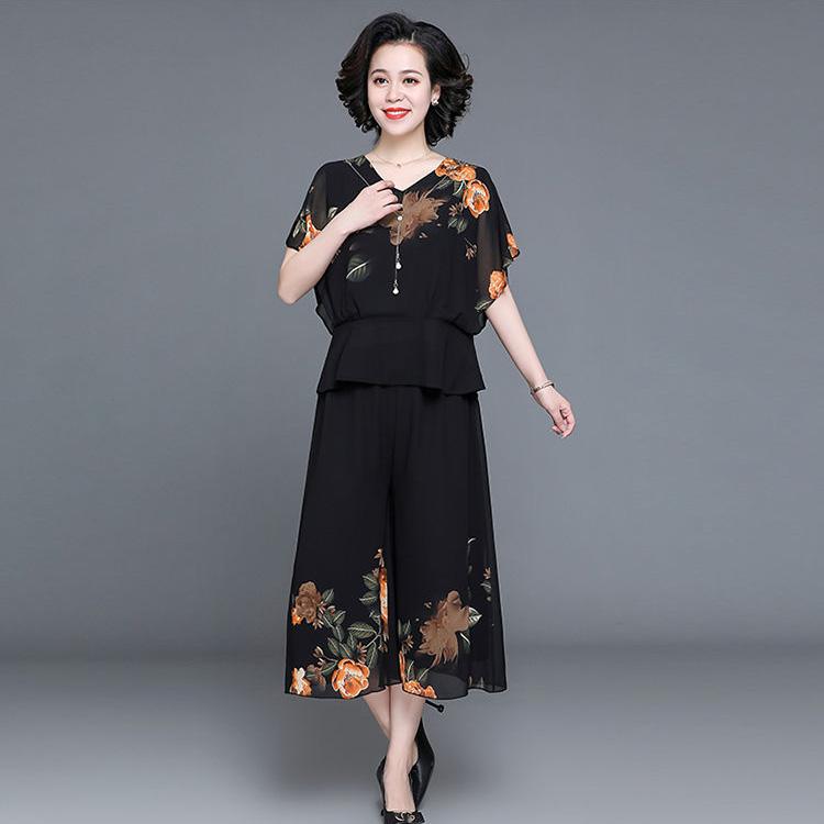 WTEMPO 2pcs Chiffon Shirt Pants Suit Spring and Summer Women's Plus Size Short  Sleeve Loose Casual Two-piece Set