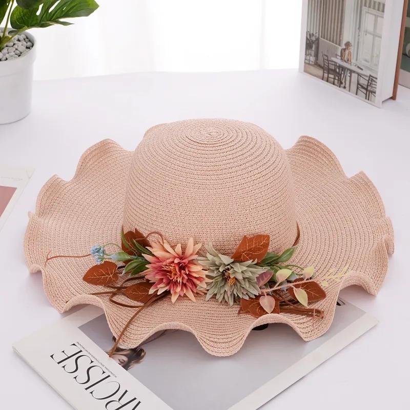 Women's Summer Flower Straw Hat Beach Foldable Sunscreen Sun Cap Anti-UV Sunshade Big Edge Vacation Cap