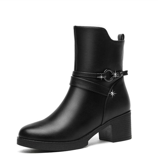 Round Toe Square Heel Women Boots Buckle Ankle Boots Women Shoes Zipper High Heel Boots Shoes Woman