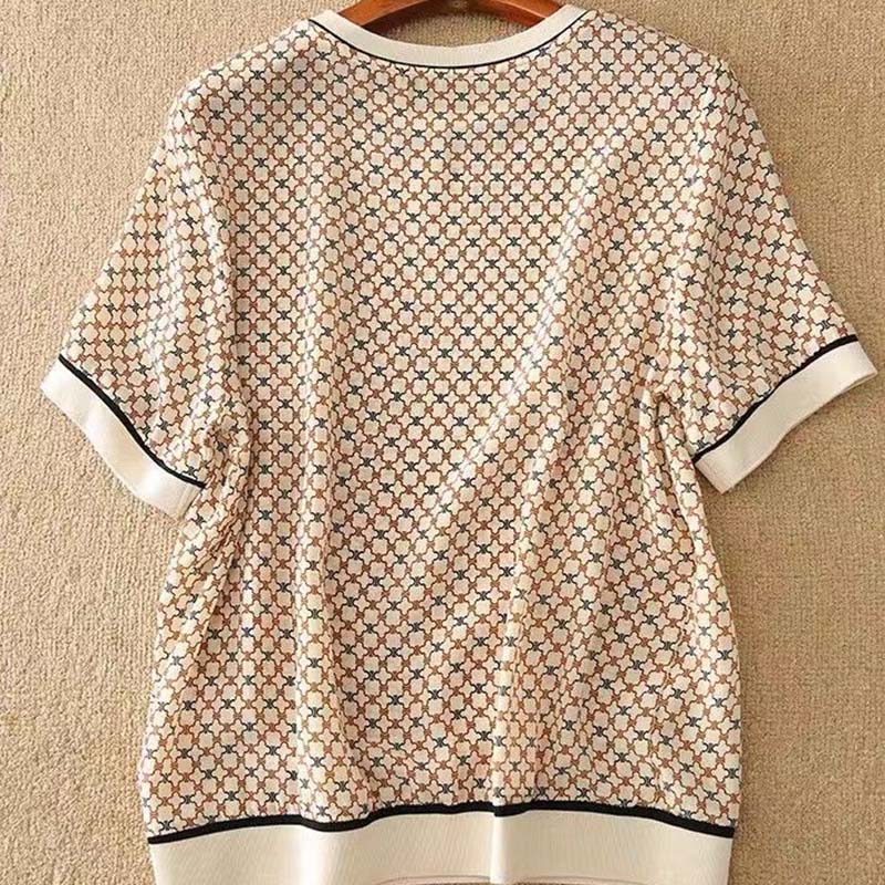 Silk Ice Silk Short-sleeved Women's Top High-end Western-style Printed Shirt Summer Ribbed Temperament All-match Trend