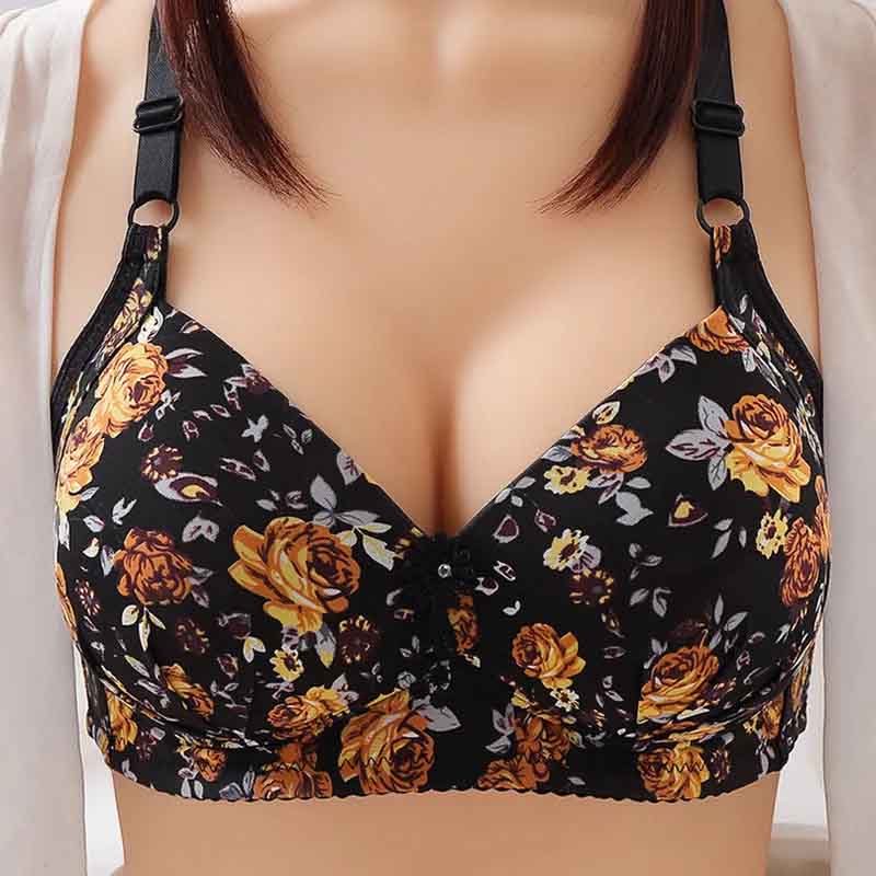 Peony Print Thin Large Size No Steel Ring Beautiful Back Bra Gather Side Breast Bras Anti-sagging Three-Row Three-Button Sexy Comfortable Bra