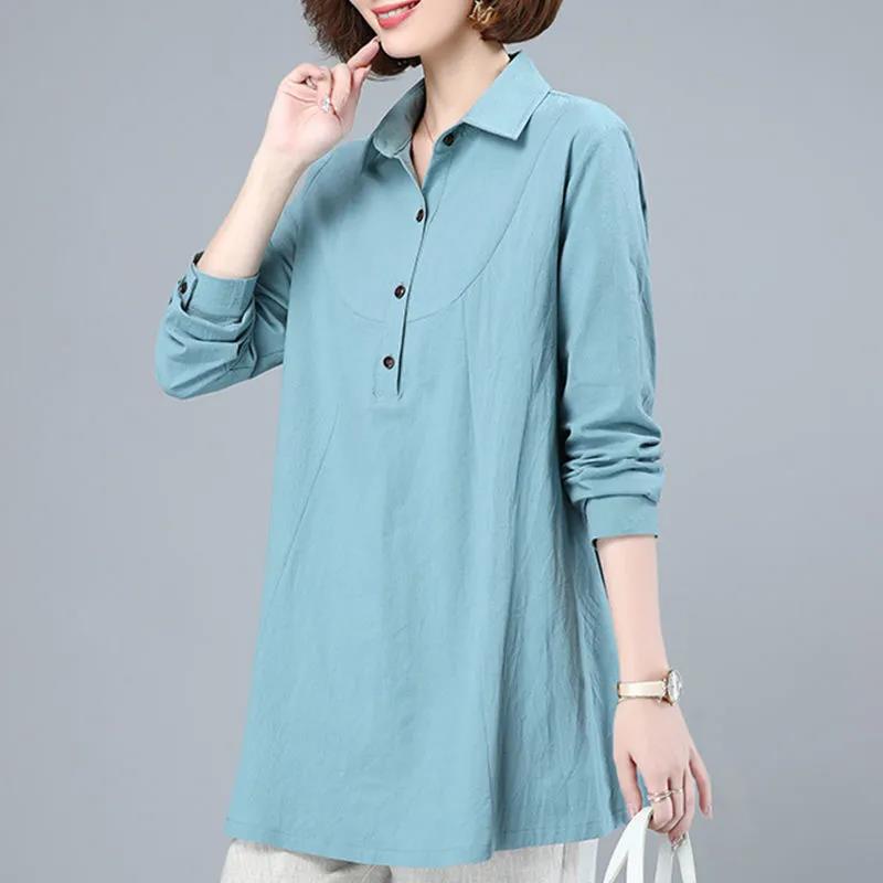 Long-sleeved Cotton T-shirt Women's Loose Plus Size Top Western Style Cover Belly Mid-length Shirt