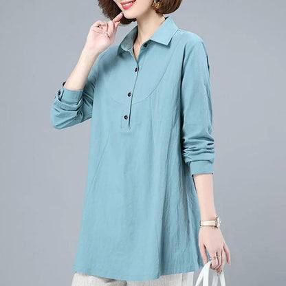 Long-sleeved Cotton T-shirt Women's Loose Plus Size Top Western Style Cover Belly Mid-length Shirt