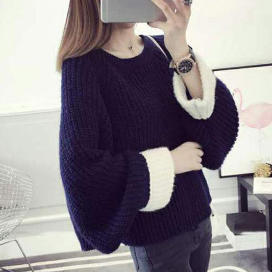 Autumn and Winter Short Casual Sweater Pullover Loose Casual Top Round Neck Long Sleeve Women's Sweater