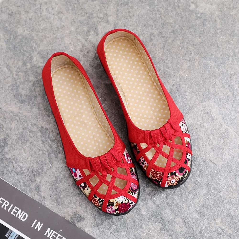 Spring Summer Cloth Shoes Women's Hollow Non-slip Soft Bottom Single Shoes Large Size Printing Flat Slip-on Sandals