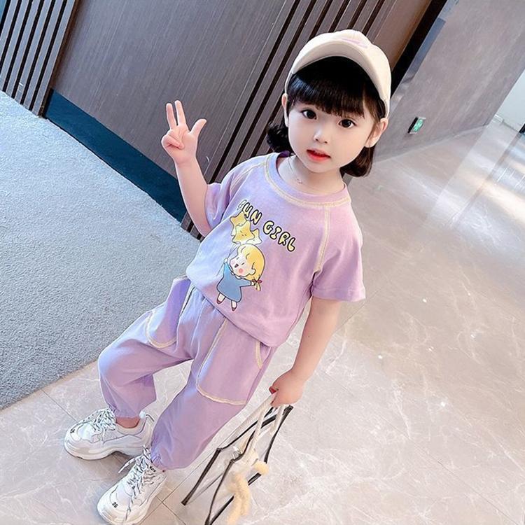 Children's Suit Summer Thin Korean Style Loose Print Girls Suspender Trousers and Leggings Two Piece Set