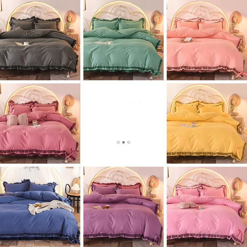 Korean Brushed Bed Skirt Bowknot Four-piece Princess Style Bed Cover Thick Non-slip Lace Bedding