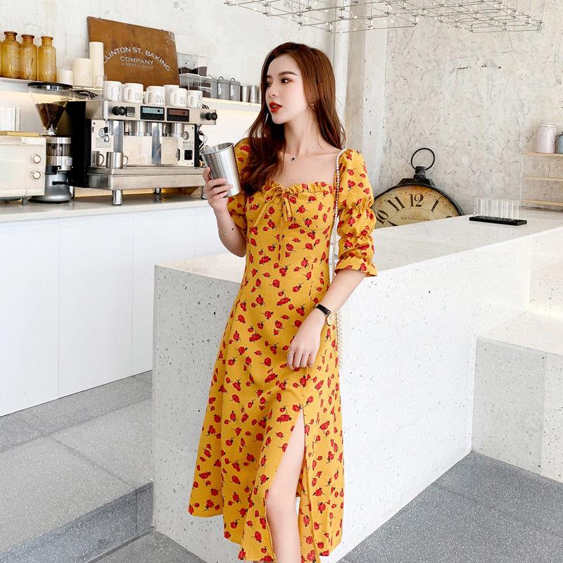 2020 Strawberry Print Cute Long Dress Spring Summer Women Streetwear Slim Split Dress Chiffon Dress