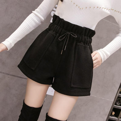 Fashionable Women Loose Short Pants Wide Leg Woolen Fashion Material Breathable Casual Wide Leg