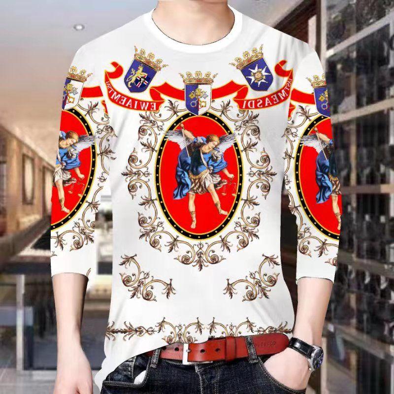 Men's tops spring and autumn men's long-sleeved T-shirt men's 3D printed round neck T-shirt